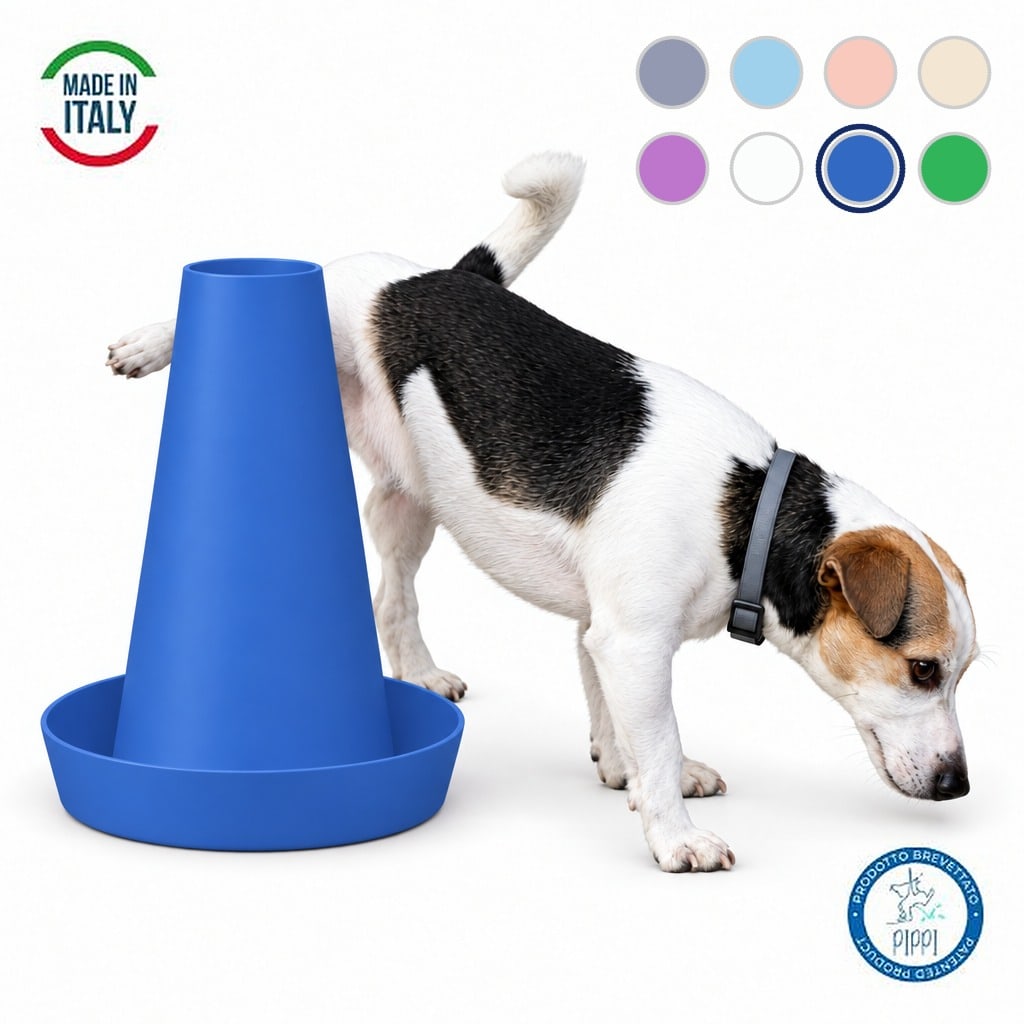PIPPI Blu con un cane che alza la zampa, su fondo bianco.