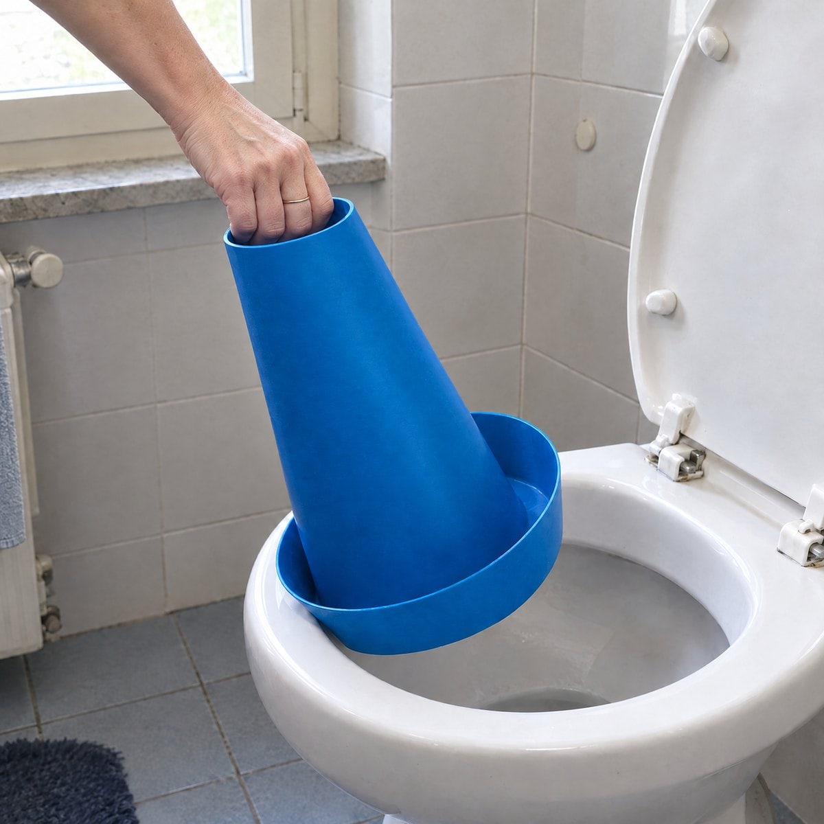 Una mano tiene PIPPI blu per la maniglia in cima e lo svuota nel water.