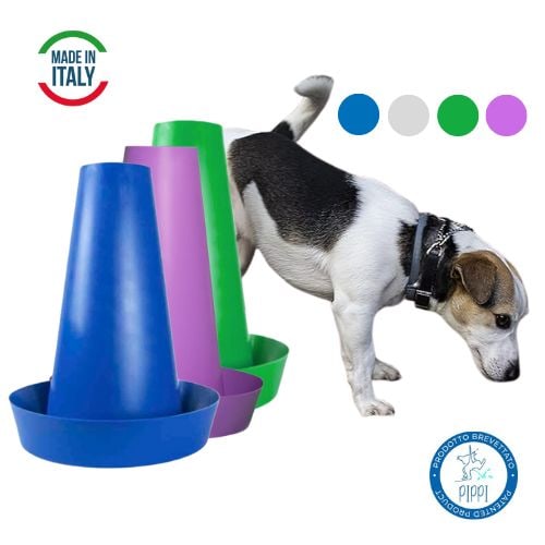 Tre PIPPI, Blu, Lilla e Verde, con un cane, il bollino Made in Italy, quello di prodotto brevettato e i pallini dei quattro colori a sorpresa: Blu, Lilla, Bianco e Verde.